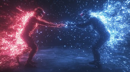 Naklejka premium Two individuals facing off in a virtual reality showdown