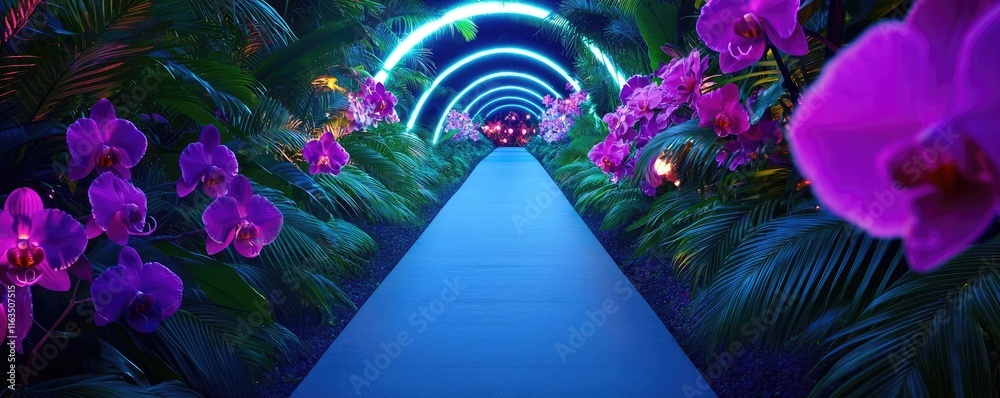 Poster Mystical tropical concept. A vibrant pathway illuminated by colorful lights amidst lush orchids and greenery.