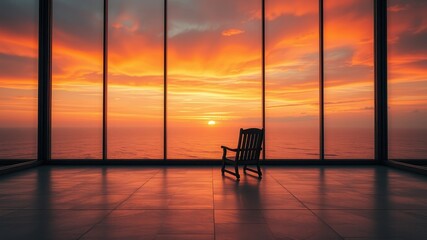 Fototapeta premium Serene Sunset Vista A Solitary Rocker Reclines, Contemplating the Ocean's Golden Horizon