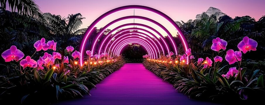 Mystical tropical concept. A vibrant pathway adorned with neon lights and blooming orchids under a twilight sky.
