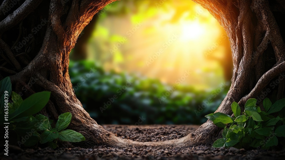Poster mystical nature concept. a captivating view through a tree trunk, with sunlight filtering through lu