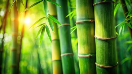 Obraz premium Close-up of Bamboo Trunk with Blurred Green Leaves Background - Stock Photo