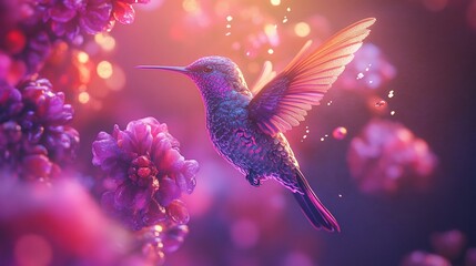 A hummingbird in flight, surrounded by vibrant purple flowers, bathed in warm, glowing light.