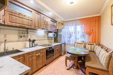 interior apartment kitchen and dining room, refectory area, cooking equipment, table furniture,...