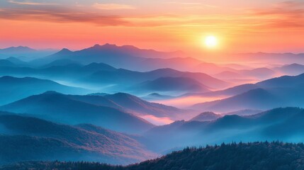 Fototapeta premium Serene Sunrise Over Misty Mountain Ranges