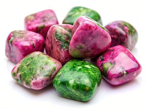 Close-up of Tumbled Thulite Stones, Pink Zoisite Crystals Isolated on White Background