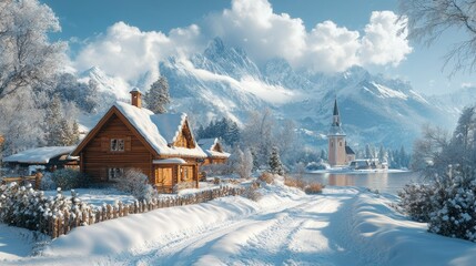 Fototapeta premium Idyllic Winter Wonderland Snow-Covered Wooden Cabin and Church in Majestic Mountain Scenery
