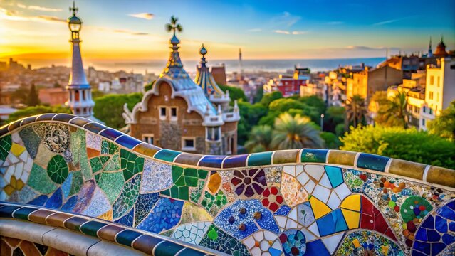 Colorful Broken Glass & Ceramic Tile Mosaic Art in a Park, High Depth of Field