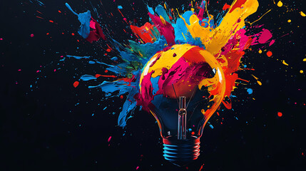 Fototapeta premium A vibrant explosion of color bursts from a light bulb, symbolizing creativity and innovative ideas in a striking visual design.