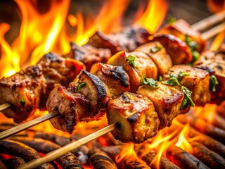 Delicious Grilled Skewers: Close-up of sizzling BBQ meat over open flames with smoky char marks.