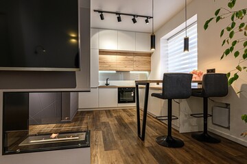 interior apartment kitchen and dining room, refectory area, cooking equipment, table furniture, stove
