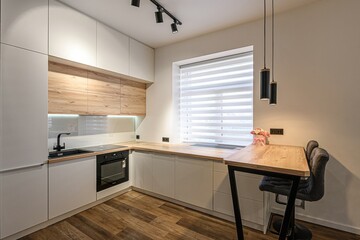 interior apartment kitchen and dining room, refectory area, cooking equipment, table furniture, stove