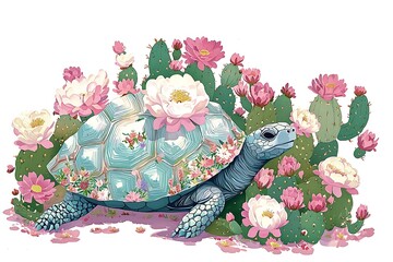 Fototapeta premium A stylized illustration of a tortoise amidst blooming cacti flowers.