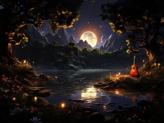 Obraz premium Serene moonlit lake scene with guitar, mountains, and trees at night.