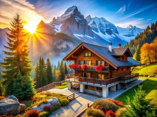 Obraz premium Mountain Chalet Retreat - Sun-Drenched Bliss