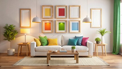 Obraz premium Neutral Living Room Decor, Empty Frames, White Sofa, Cozy Throw, Bright Colors, High Quality AI Photo