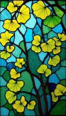 Colorful stained glass window. Botanical pattern. Multicolored interior design template. Gingko Biloba