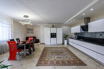interior apartment kitchen and dining room, refectory area, cooking equipment, table furniture,...