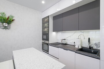 interior apartment kitchen and dining room, refectory area, cooking equipment, table furniture, stove