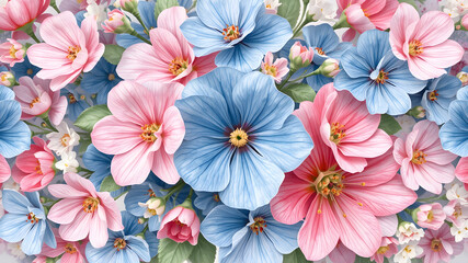 Imagine an illustration of pretty blue, pink, and white flowers in the center.  There is a small border of white and pink bingham on the edges.   Make it a seamless pattern.  Photo realistic  16K