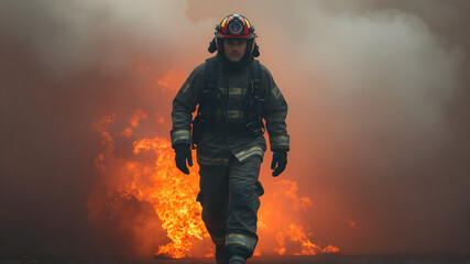 A bold firefighter walking through smoke and flames, the intense heat painted in vivid orange and red tones