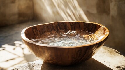 Wooden bowl filled with water, sunlight streams down.