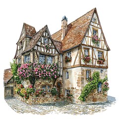 Charming Watercolor Illustration of a Flower-Adorned Half-Timbered House in a Cobblestone European Village.