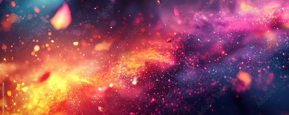 Poster Splatter abstract background concept. Vibrant cosmic scene with swirling colors and glowing particles in a galaxy.