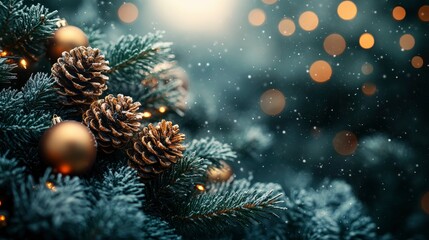 Enchanting Winter Wonderland Close-up of Festive Pine Cones and Ornaments on a Snowy Christmas Tree