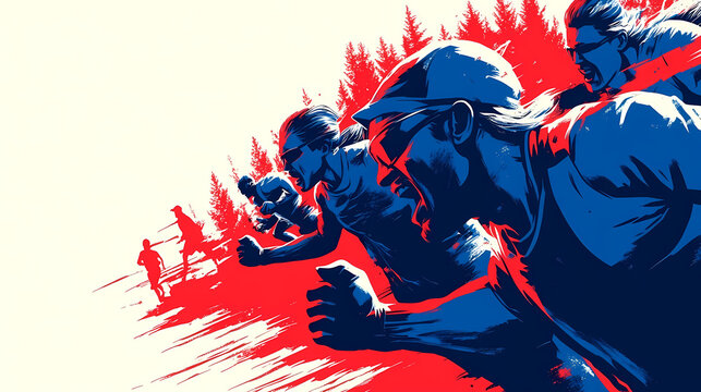Dynamische Illustration von L&auml;ufern vor einer Waldkulisse
