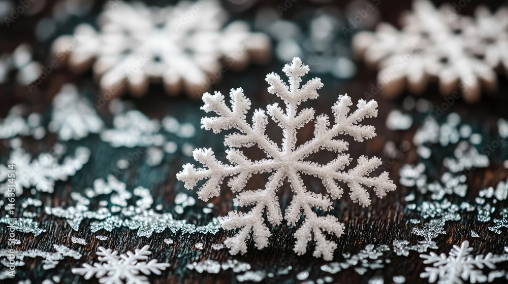 Poster Snowflake abstract background idea. Delicate snowflakes resting on a wooden surface, creating a serene winter scene.