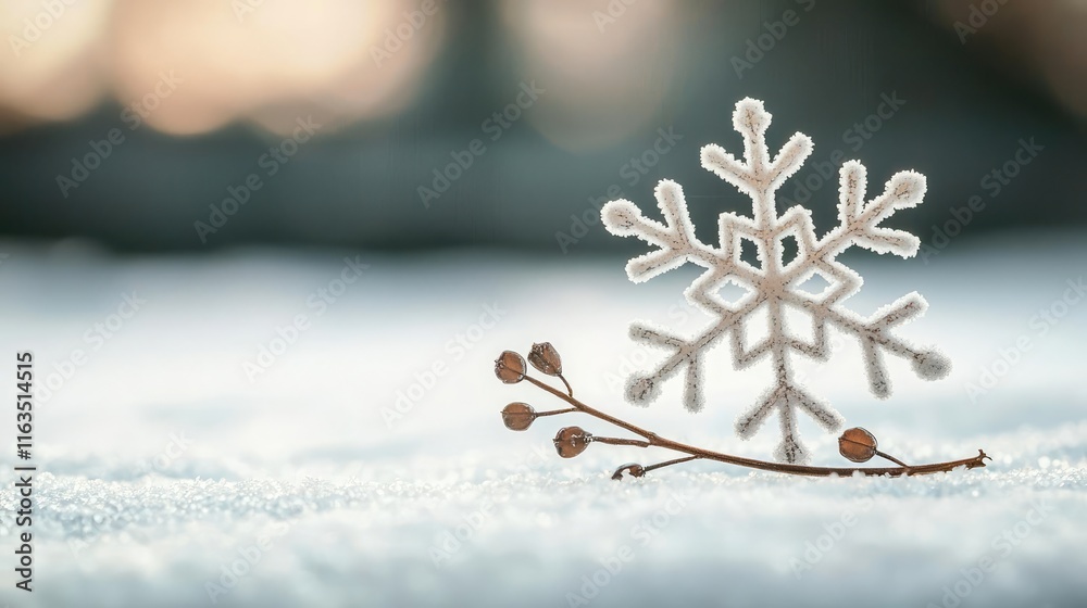 Aufkleber Snowflake abstract background idea. A delicate snowflake resting on a snowy surface, showcasing nature's winter beauty.