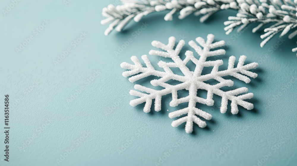 Poster Snowflake abstract background idea. Delicate snowflake decoration displaying winter charm on a soft blue background.