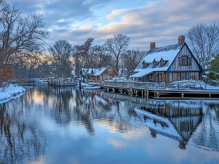Fototapeta premium Snowy waterfront houses reflected in calm water at sunrise.