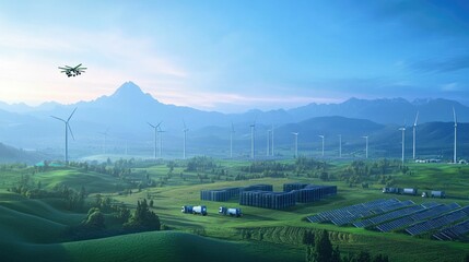 Fototapeta premium Drone surveys green valley, windmills, solar panels, and vehicles.