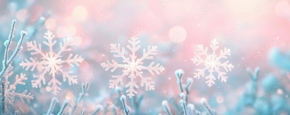 Poster snowflake abstract background idea. beautiful snowflakes amidst a soft, dreamy winter background wit