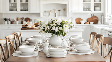 Bright and Gleaming White Kitchen with Long Wooden Table Decorated for a Family Gathering, Featuring Elegant Tableware and Fresh Floral Arrangement