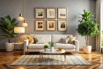 Sleek white sofa, gold accents, modern living room. AI-generated image.