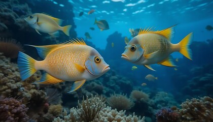 Two Golden Yellow Fish Swim Among Coral Reef