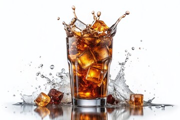 Sparkling cocktail, AI photo, refreshing drink with ice cubes on white.