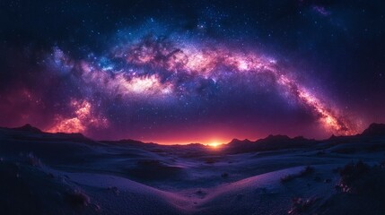 Naklejka premium Majestic Milky Way Arching Over Desert Landscape at Sunset