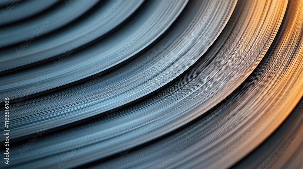 Poster Brushed abstract background concept. Close-up of curved metal sheets showcasing texture and light reflection.