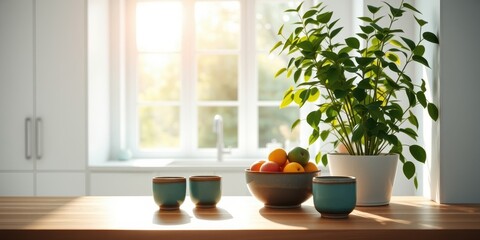 Sunlit Kitchen Countertop Still Life with Fruit and Teacups