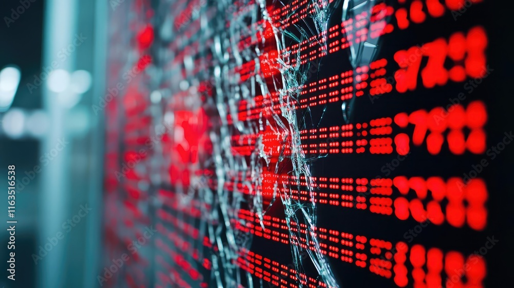 Poster Crash market concept. A close-up view of a digital display with red data on a shattered screen, symbolizing damage.