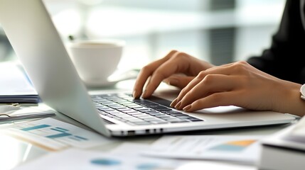 Fototapeta premium Woman Typing on Laptop Computer at Workplace