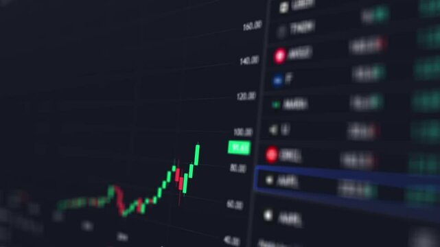 Dark background featuring a stock market candlestick chart in green and red. The upward trend is prominent, making this an ideal visual for finance, trading, or market analysis.