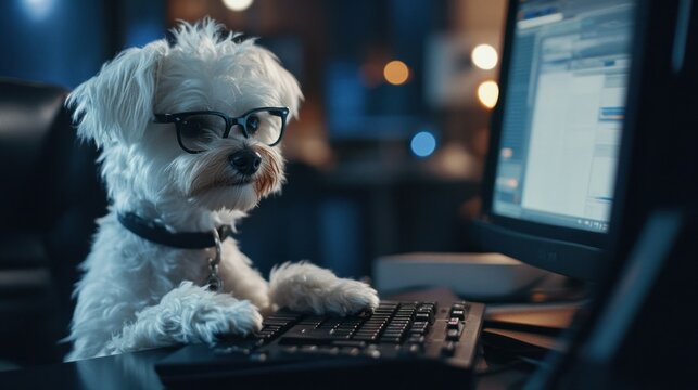 Smart Maltese Dog Working on Computer at Night - Powered by Adobe