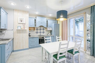 interior apartment kitchen and dining room, refectory area, cooking equipment, table furniture, stove