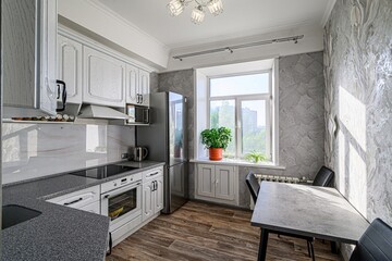 interior apartment kitchen and dining room, refectory area, cooking equipment, table furniture, stove