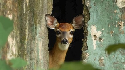A curious young white-tailed deer peeks through a crack in an old, weathered wall, creating a captivating wildlife scene.